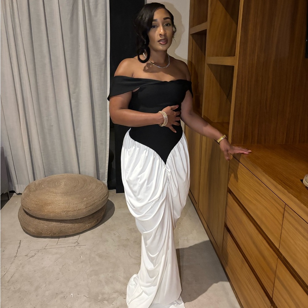 Elegant Black and White Off-Shoulder Gown